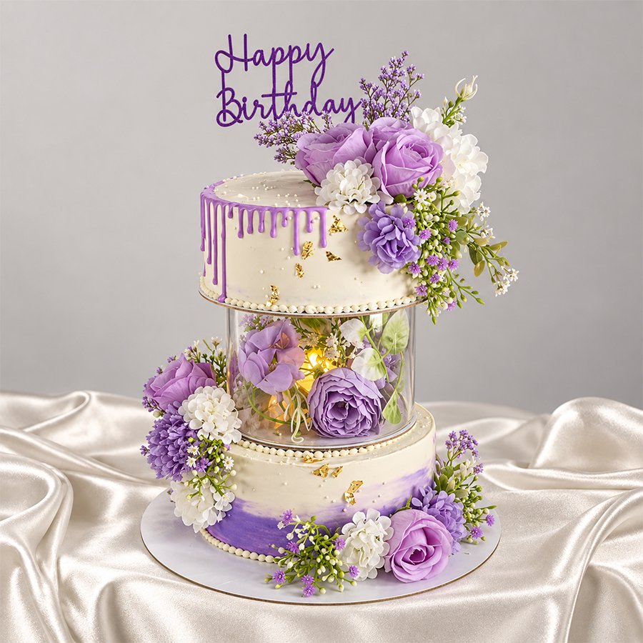 Purple Floral Tiered Birthday Cake with Light-up Center