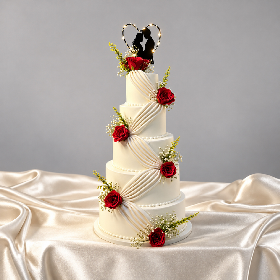 Romantic 5-Tier Red Rose & Fairy Light Couple Wedding Cake